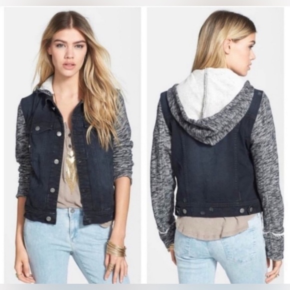 FREE PEOPLE Small Distressed Boho Knit Hooded Moto Jean Jacket Gray Black - Picture 2 of 10